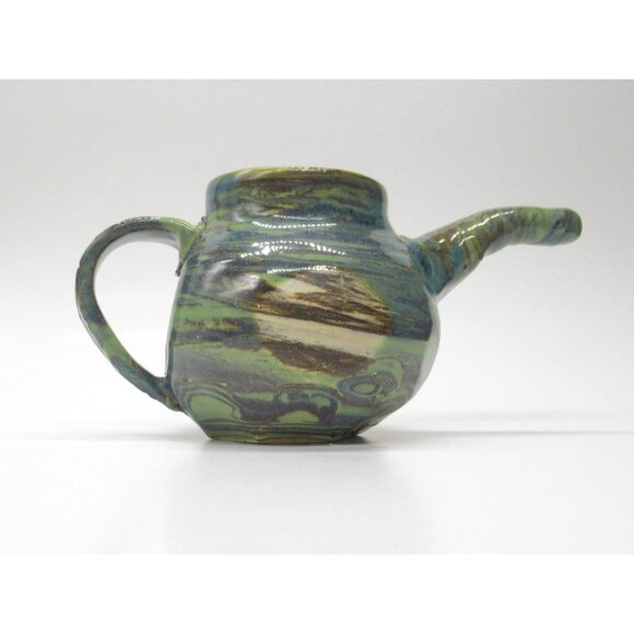Handmade Ceramic Teapot Artisan Handle & Abstract Green Blue Swirl Glaze Signed - Picture 3 of 16